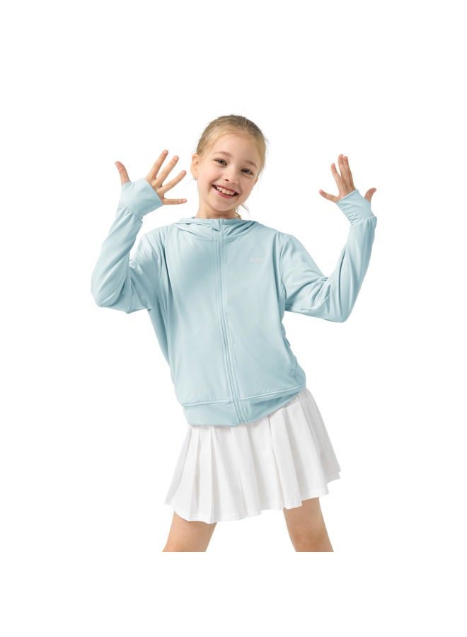 Rolanko Girls Zip Up Hoodie Sweatshirt with Thumb Holes, Sun Protection Clothing for Kids Athletic Jacket with Pockets (Blue, 11-12 Years) - Image 1