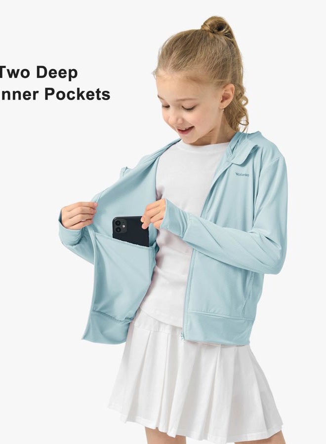 Rolanko Girls Zip Up Hoodie Sweatshirt with Thumb Holes, Sun Protection Clothing for Kids Athletic Jacket with Pockets (Blue, 11-12 Years) - Image 5