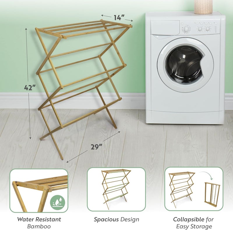Brookstone , Eco-Friendly Bamboo Drying Rack, Collapsible Laundry Clothes Hanger, 10 Hanging Bars, Minimalist Space Saving Design - Image 4