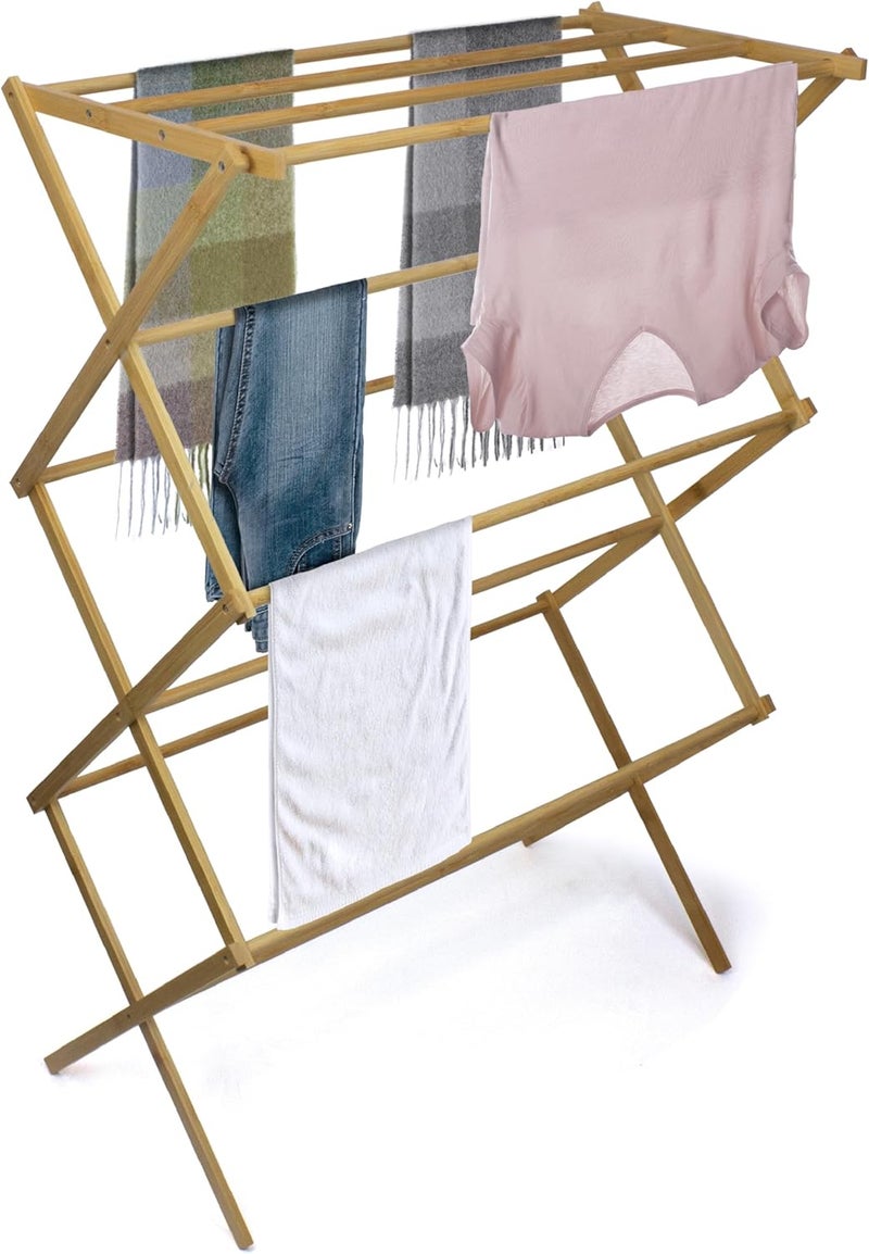 Brookstone , Eco-Friendly Bamboo Drying Rack, Collapsible Laundry Clothes Hanger, 10 Hanging Bars, Minimalist Space Saving Design - Image 1
