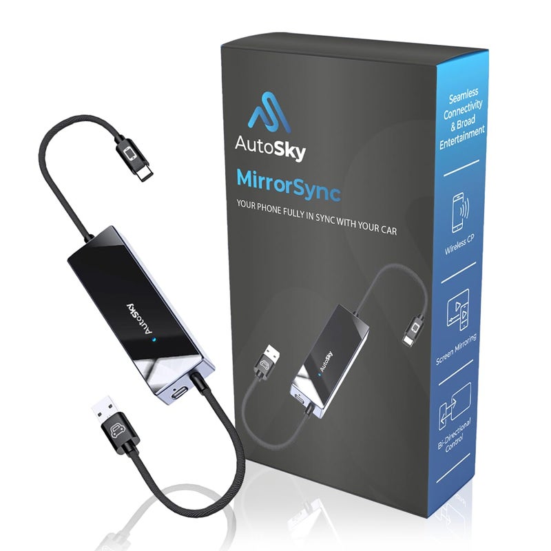 AutoSky محول AutoSky Mirror Sync AMS-1 | محول CarPlay اللاسلكي وجهاز عكس شاشة الهاتف الذكي | USB-A و USB-C | يحول CarPlay السلكي إلى لاسلكي | اتصال توصيل وتشغيل - Image 1