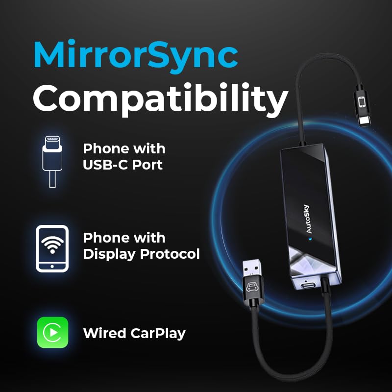 AutoSky محول AutoSky Mirror Sync AMS-1 | محول CarPlay اللاسلكي وجهاز عكس شاشة الهاتف الذكي | USB-A و USB-C | يحول CarPlay السلكي إلى لاسلكي | اتصال توصيل وتشغيل - Image 4