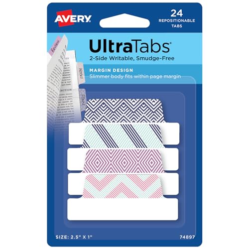 Avery Margin Ultra Tabs, 2.5" x 1", Assorted Color Geometric Designs, 24 Repositionable Page Tabs (74897) - Image 1