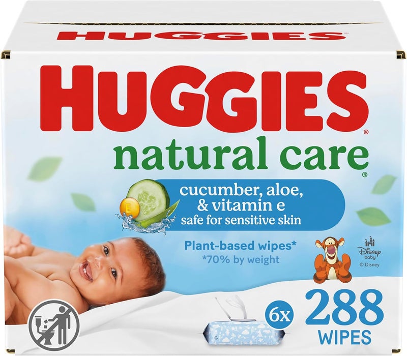 HUGGIES Natural Care Cucumber, Aloe and Vitamin E Baby Wipes, Hypoallergenic, Scented, 6 Flip-Top Packs (288 Wipes Total), Packaging May Vary - Image 1