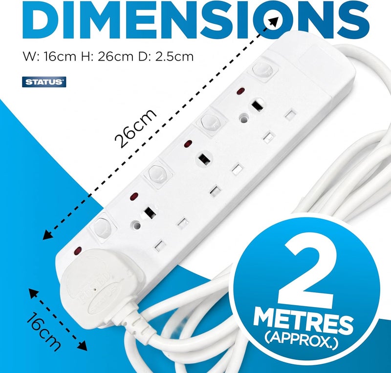 Status Multi Plug Extension | 4 Socket Extension Cable | Individually Switched with Neon Indicator | White 2m Extension Lead | S4WSS2M1PKB12 - Image 3