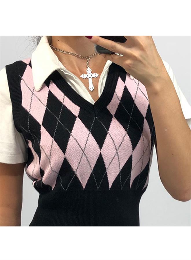 NIBEMINENT Women's Fashion Knitted Sleeveless Top College Style Retro Rhombic Tank Classic V-Neck Short - Image 5