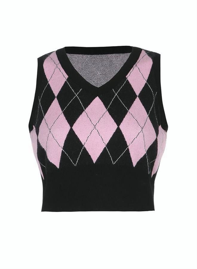 NIBEMINENT Women's Fashion Knitted Sleeveless Top College Style Retro Rhombic Tank Classic V-Neck Short - Image 3