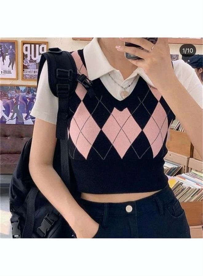 NIBEMINENT Women's Fashion Knitted Sleeveless Top College Style Retro Rhombic Tank Classic V-Neck Short - Image 2