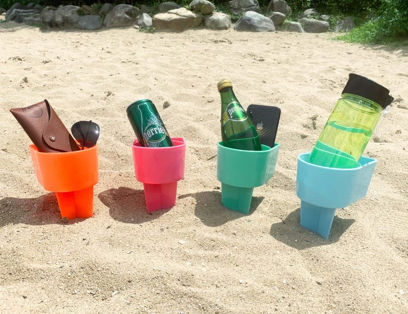 Home Queen Beach Cup Holder with Pocket Multifunctional Sand Cup Holder for Beverage Phone Sunglass Key Beach Accessory Drink Sand Coaster Set of 4 Teal Orange Blue and Pink