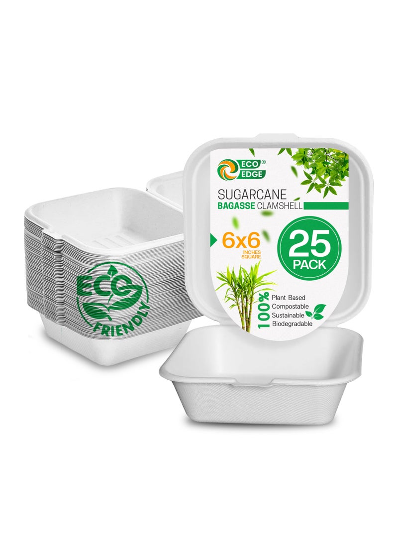 EcoEdge EcoEdge 6 Inch Square White Clamshell (Pack of 25) | Disposable Take Out Food Containers Made from Sugarcane Pulp | Sustainable, Eco Friendly | Ideal for Parties and Celebrations | 100% Biodegradable  - Image 1