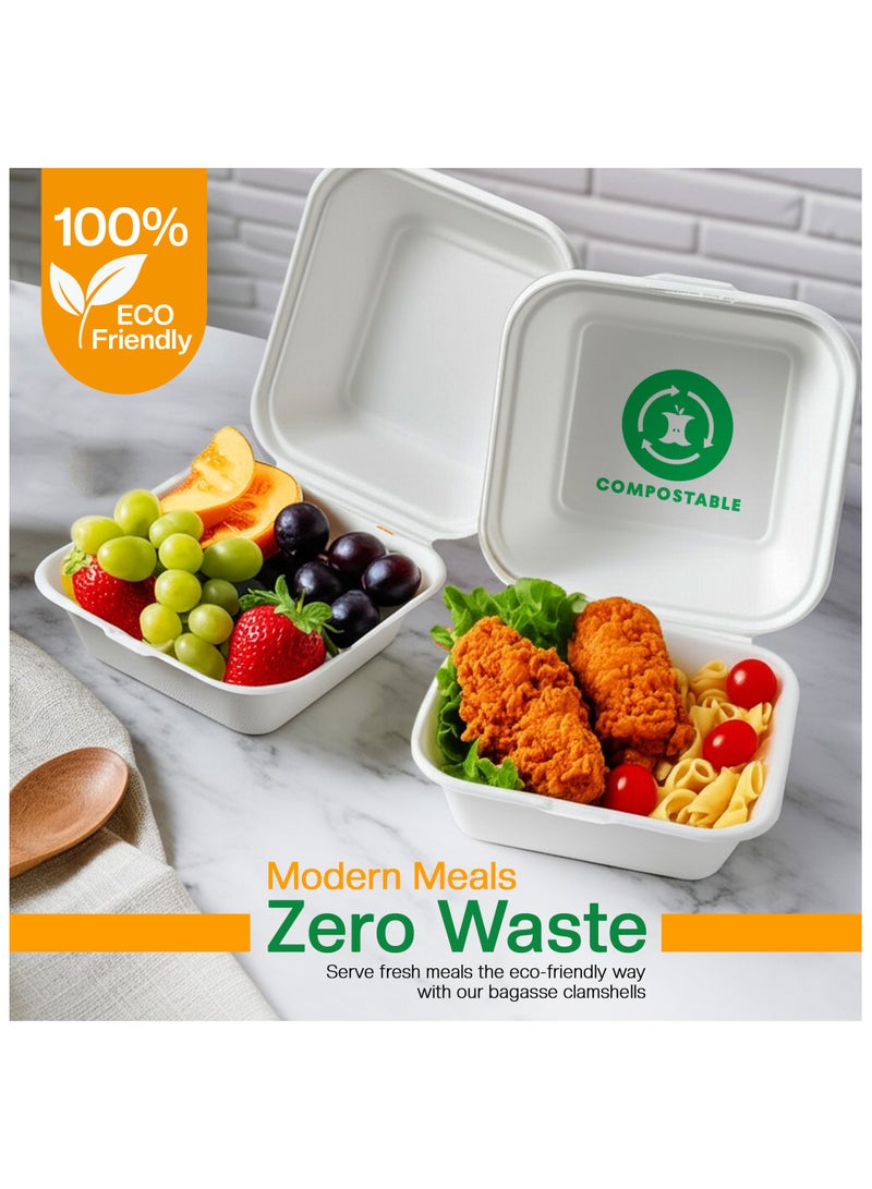 EcoEdge EcoEdge 6 Inch Square White Clamshell (Pack of 25) | Disposable Take Out Food Containers Made from Sugarcane Pulp | Sustainable, Eco Friendly | Ideal for Parties and Celebrations | 100% Biodegradable  - Image 3