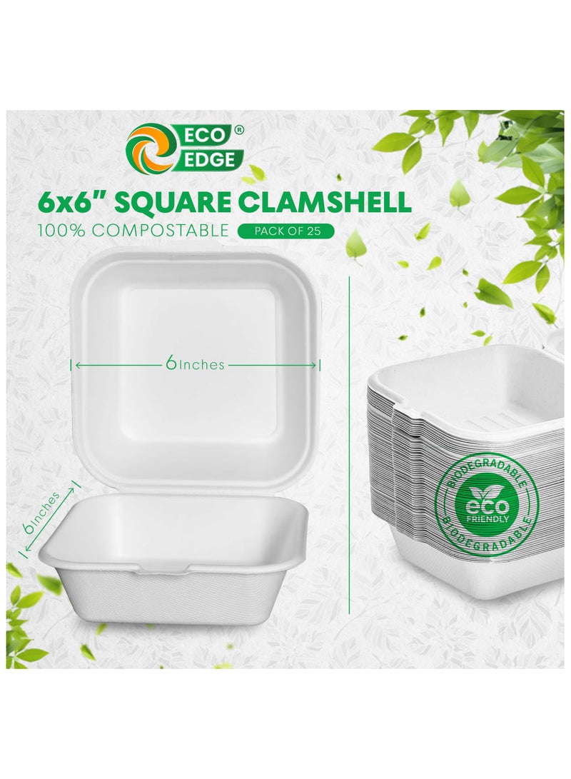 EcoEdge EcoEdge 6 Inch Square White Clamshell (Pack of 25) | Disposable Take Out Food Containers Made from Sugarcane Pulp | Sustainable, Eco Friendly | Ideal for Parties and Celebrations | 100% Biodegradable  - Image 4