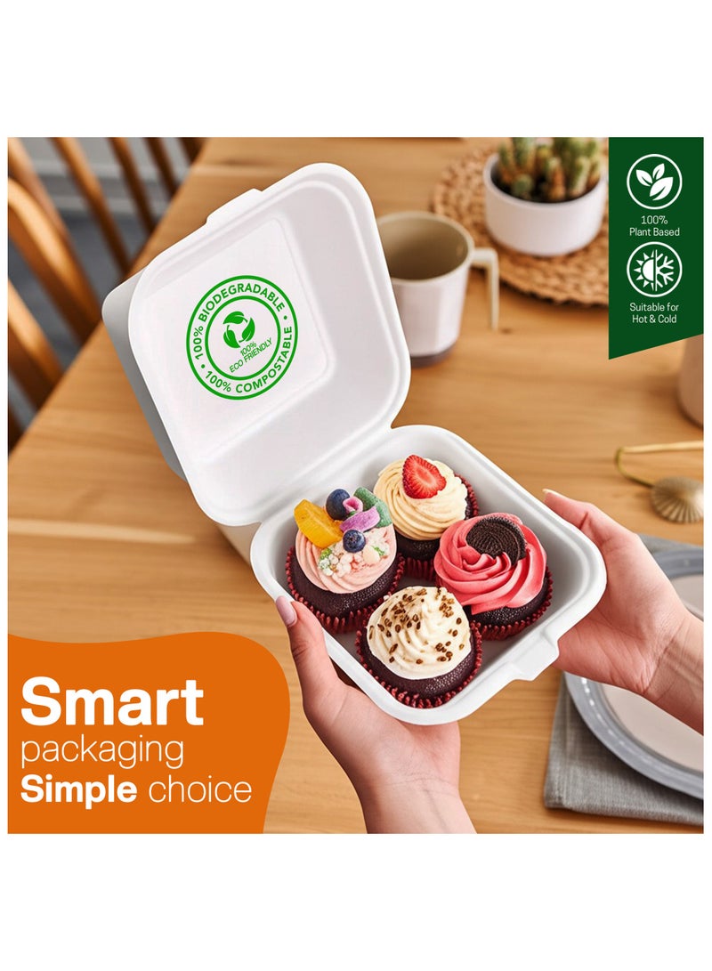 EcoEdge EcoEdge 6 Inch Square White Clamshell (Pack of 25) | Disposable Take Out Food Containers Made from Sugarcane Pulp | Sustainable, Eco Friendly | Ideal for Parties and Celebrations | 100% Biodegradable  - Image 5
