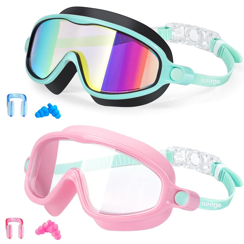 Seago Kids Goggles for Swimming 2 Pack No Leaking Anti-Fog Outer Eye Fit with Wide View UV Protection Crystal Clear Watertight Swim Goggles with nose cover Suitable for Children Youth Boys Girls Age 3 to 14 - Image 1