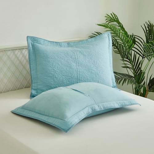 WINLIFE 100% Cotton Quilted Pillow Sham Floral Printed Pillow Cover (Standard, Aqua Blue) - Image 4