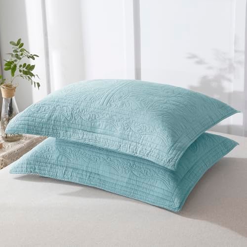 WINLIFE 100% Cotton Quilted Pillow Sham Floral Printed Pillow Cover (Standard, Aqua Blue) - Image 2