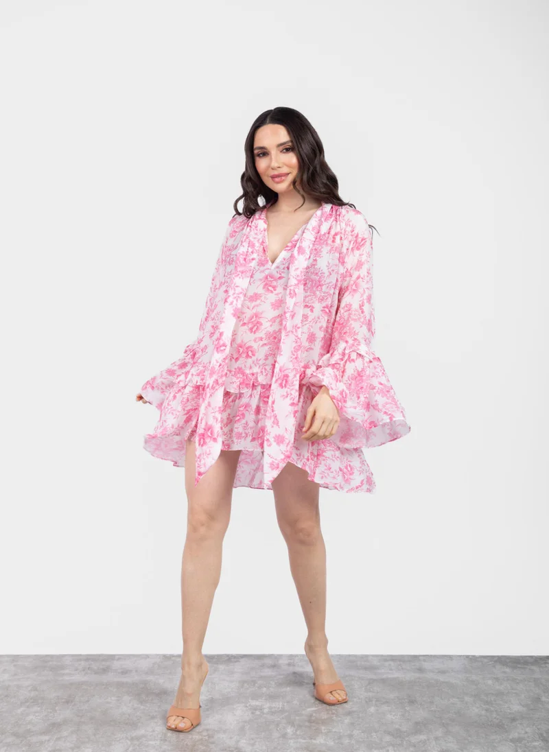 كوتور لابس Pink Floral Printed Short Dress with Neck Detail