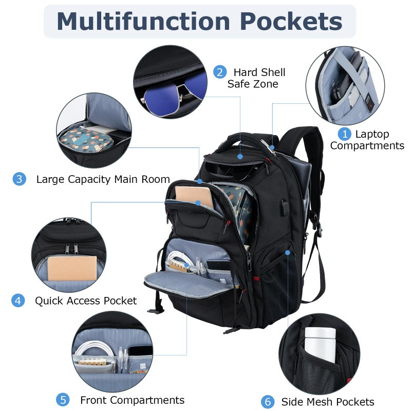 VANKEAN 17.3'' Travel Laptop Backpack TSA Friendly, Water Resistant Anti Theft Extra Large College Backpacks with RFID Pockets, USB Port for Men Women Business Work Bag, Black - Image 2