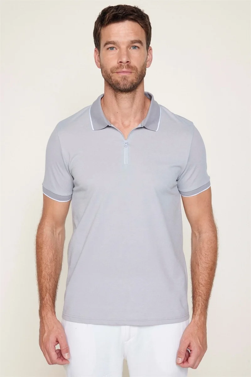 Tudors Men's Slim Fit Zippered Polo Neck Pique Cotton Gray T-Shirt