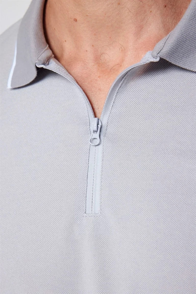 Tudors Men's Slim Fit Zippered Polo Neck Pique Cotton Gray T-Shirt