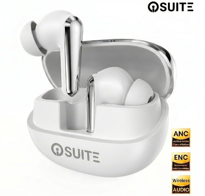 iOsuite BTW77 True Wireless Earbuds with ANC & Dual Mic ENC, Bluetooth 5.3, HiFi Sound, Wireless Charging Case, Type-C Fast Charging, Compatible with iPhone, Android & Tablets – White - Image 1