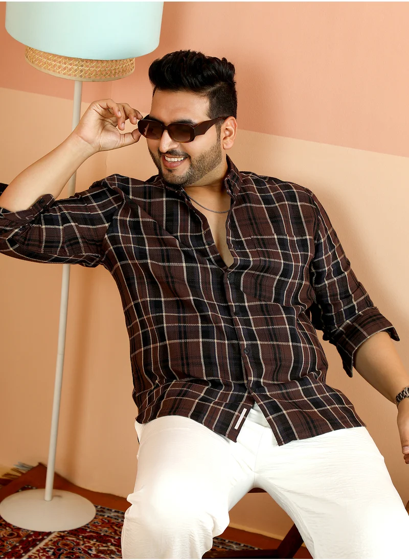 Instafab Plus Instafab Plus Men's Coffee Brown Button-Down Tartan-Woven Shirt For Casual Wear | Spread Collar | Long Cuffed Sleeves | Button Closure | Plus Size Shirt Crafted With Comfort Fit For Everyday Wear