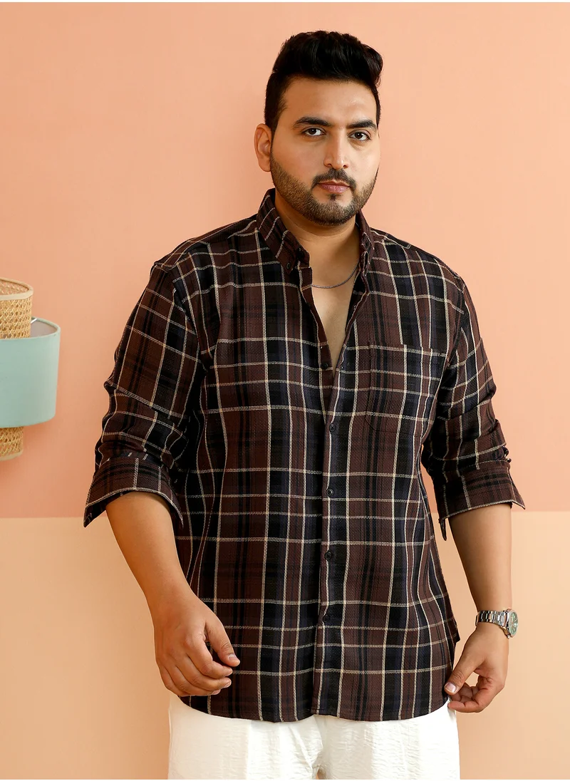 Instafab Plus Instafab Plus Men's Coffee Brown Button-Down Tartan-Woven Shirt For Casual Wear | Spread Collar | Long Cuffed Sleeves | Button Closure | Plus Size Shirt Crafted With Comfort Fit For Everyday Wear