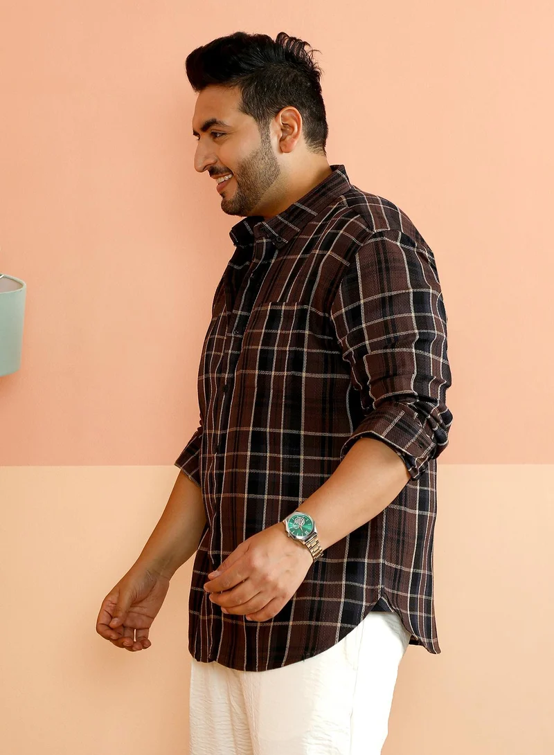 Instafab Plus Instafab Plus Men's Coffee Brown Button-Down Tartan-Woven Shirt For Casual Wear | Spread Collar | Long Cuffed Sleeves | Button Closure | Plus Size Shirt Crafted With Comfort Fit For Everyday Wear