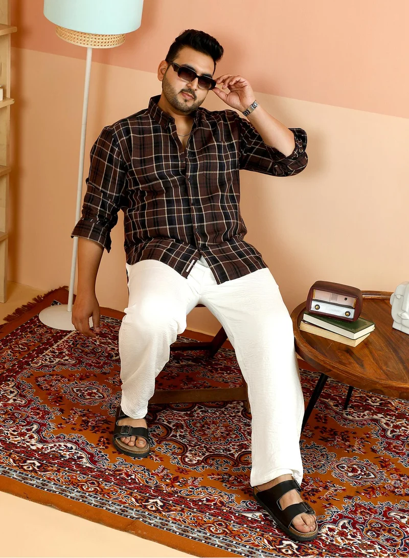 Instafab Plus Instafab Plus Men's Coffee Brown Button-Down Tartan-Woven Shirt For Casual Wear | Spread Collar | Long Cuffed Sleeves | Button Closure | Plus Size Shirt Crafted With Comfort Fit For Everyday Wear