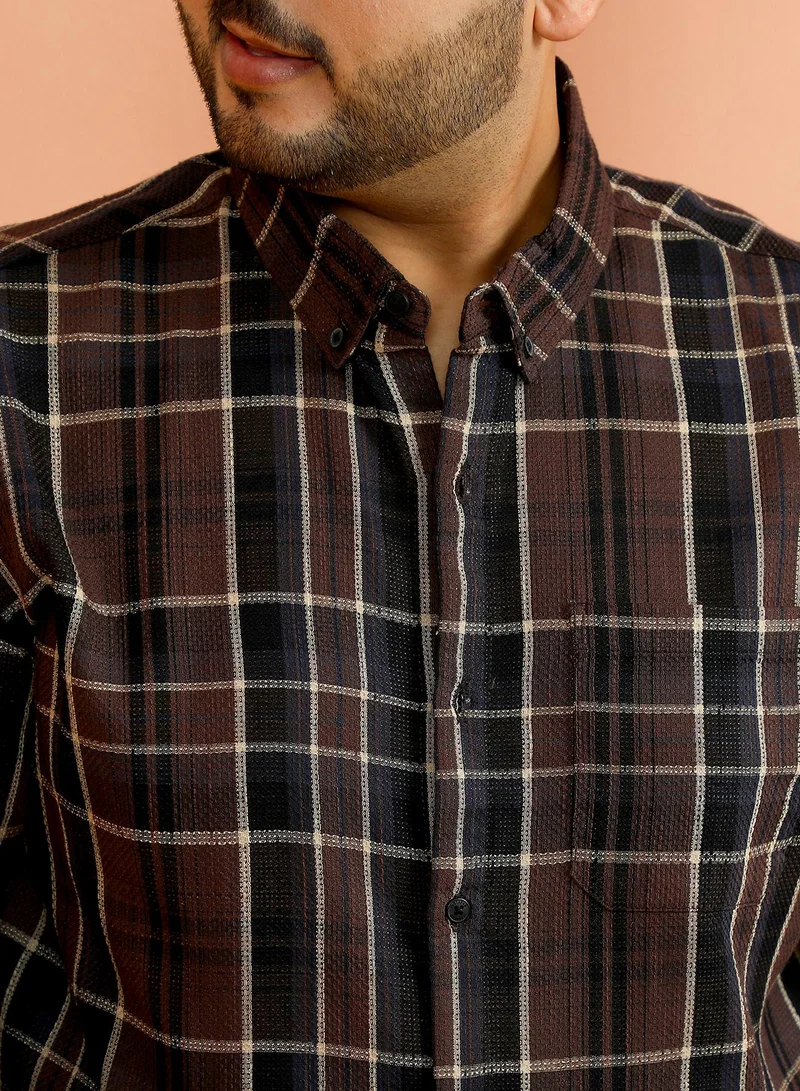 Instafab Plus Instafab Plus Men's Coffee Brown Button-Down Tartan-Woven Shirt For Casual Wear | Spread Collar | Long Cuffed Sleeves | Button Closure | Plus Size Shirt Crafted With Comfort Fit For Everyday Wear
