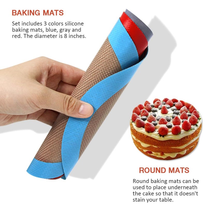 Goalfly 8 Inch Round Silicone Bakintg Mat, Set of 3 Reusable Silicone Baking Mats, Silicone Mat for 8 Inch Cake Pan, Silicone Mat for Baking Cake, Pizza, Pie, Bread, Macaron (Red, Blue, Grey) - Image 4