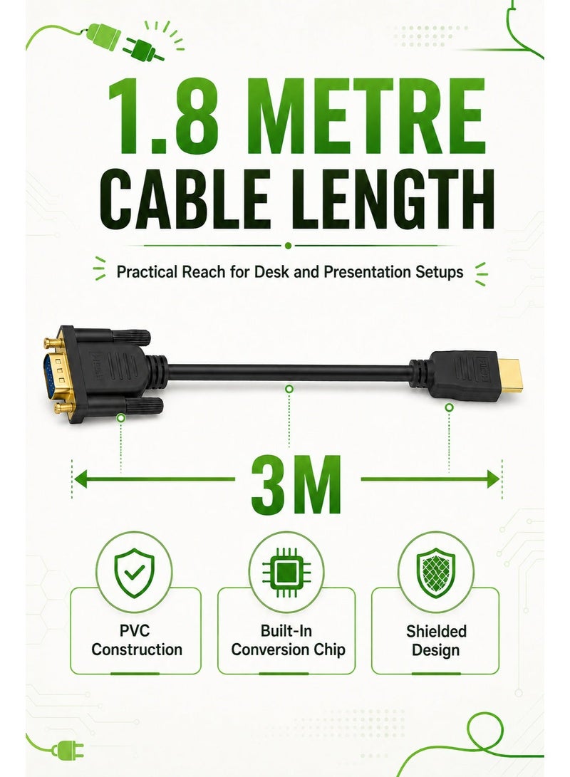 فوجيشكا كابل FUJISHKA من HDMI إلى VGA بطول 3 أمتار، موصل HDMI (ذكر) إلى VGA (ذكر)، يدعم دقة 1080P وتردد 60 هرتز، كابل محول فيديو أحادي الاتجاه لأجهزة الكمبيوتر المحمول والمكتبي والشاشات وأجهزة العرض (البروجيكتور). - Image 3