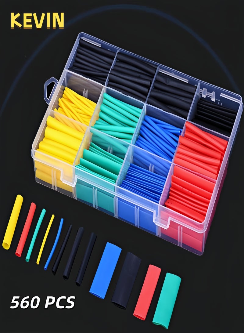 كيفن طقم عازل حراري للأسلاك (شرينك) مكون من 560 قطعة مع صندوق متعدد الألوان كمبيوتر شخصى الحرارة يتقلص الأنابيب ، الكهربائية سلك كابل أنابيب مجموعة يتقلص نسبة 2: 1 ، التغطيه التفاف سلك كابل كيت ل DIY (5 ألوان / 12 أحجام) - Image 1