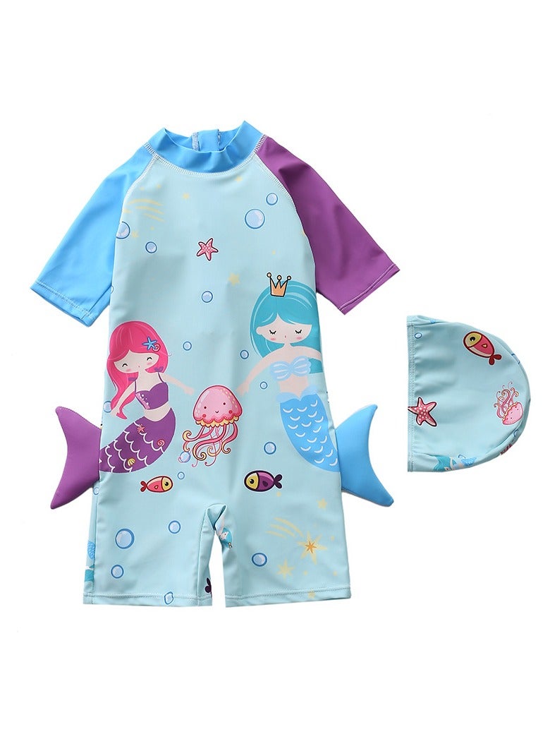 SISGL Children's Swimsuit For Girls Mermaid Design Short Sleeve With Cap One Piece Surfing Suit Baby Swimming Pool Girl Swimsuit - Image 1