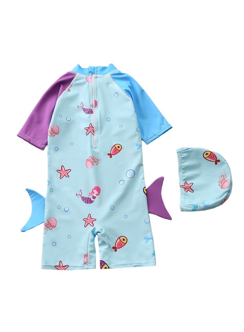 SISGL Children's Swimsuit For Girls Mermaid Design Short Sleeve With Cap One Piece Surfing Suit Baby Swimming Pool Girl Swimsuit - Image 2