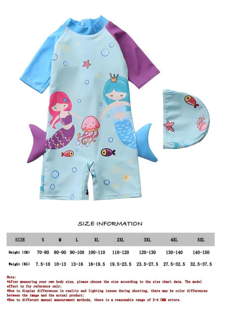 SISGL Children's Swimsuit For Girls Mermaid Design Short Sleeve With Cap One Piece Surfing Suit Baby Swimming Pool Girl Swimsuit - Image 3