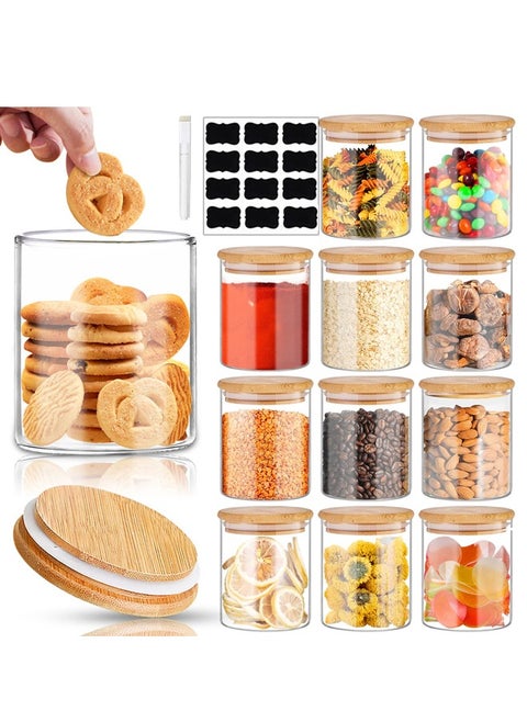 12 Pack Glass Jars Set, 250ml Spice Jars with Bamboo Lids, Clear Glass Food Storage Containers, Kitchen Canisters Set for Sugar, Tea, Cookie, Coffee with Labels and Pen