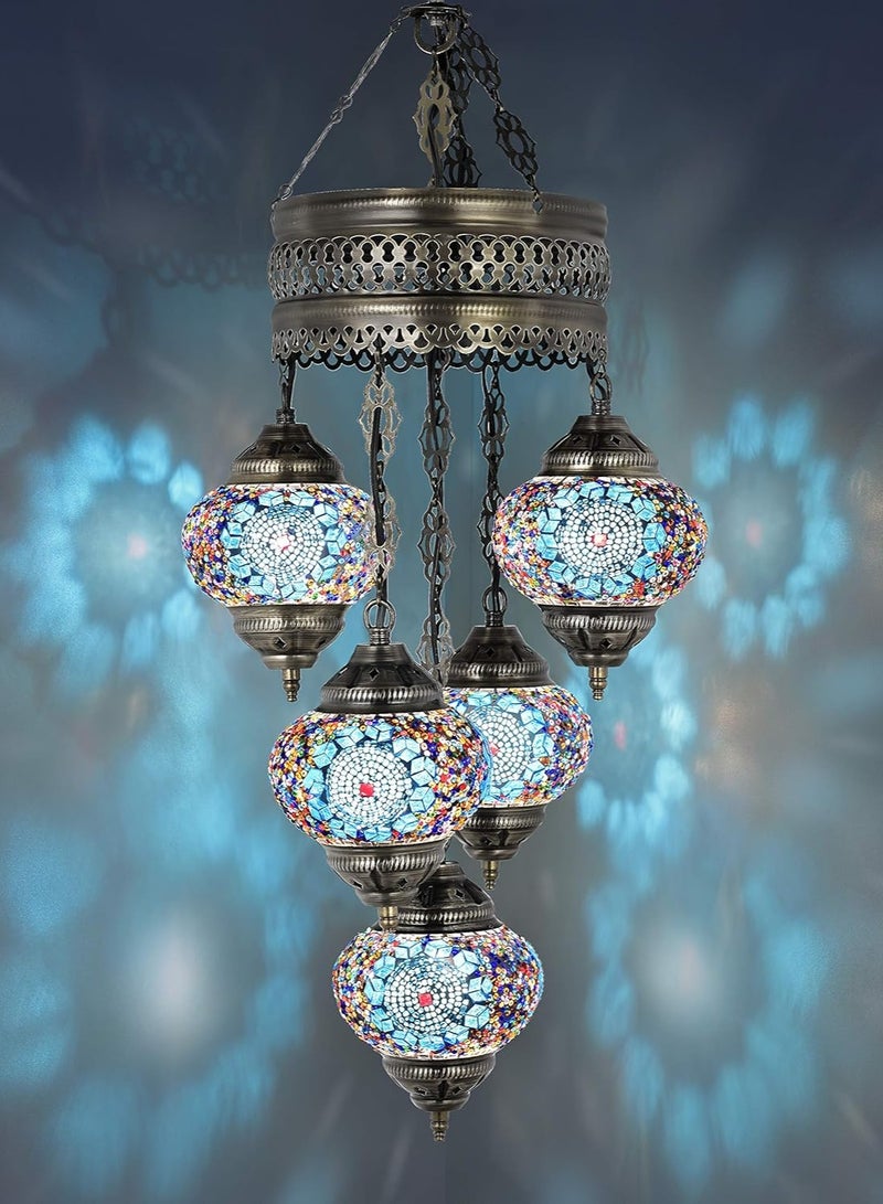 Quick Cart Turkish Mosaic Chandelier Sky Blue 5-Globe Ceiling Lamp Bohemian Hanging Pendant Light | Perfect for House warming, Birthday & Anniversery Gift | Perfect For Office & Hotel  - Image 1