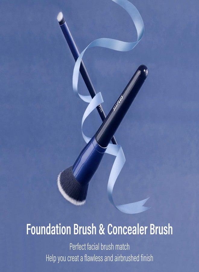 سكسبلس مجموعة فرش مكياج SIXPLUS: فرشاة كريم أساس وفرشاة كونسيلر، فرشاة كابوكي صناعية مسطحة الرأس حلزونية مخططة، مناسبة للسائل والكريم والتوزيع والكونسيلر وأحمر الخدود والبرونزر - قطعتان، لون أزرق داكن، هدية مثالية - Image 2