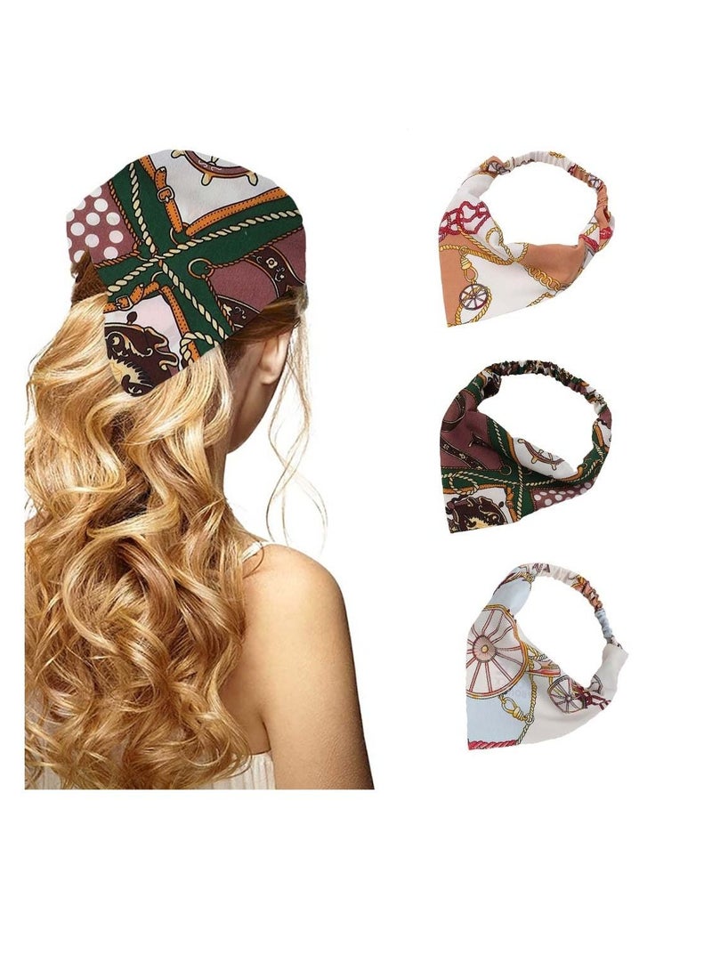 Y&D Head Scarfs, Boho Headbands Blue Triangle Scarfs Flower Chiffon Kerchief Hair Bandanas Wide Turban Elastic Band for Women and Girls (Pack of 3)  - Image 1