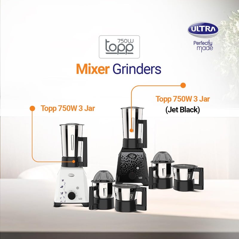 Ultra Ultra Topp Mixer Grinder - Blue | Fast and Heavy-Duty Grinding - 750W Motor with 5 Years Warranty | AISI 304 Food-Grade 3 Stainless Steel Jar - ABS Body, 3 Speed Regular + Pulse - Image 2
