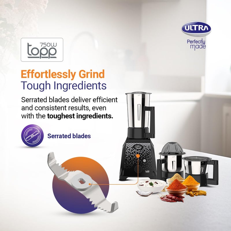 Ultra Ultra Topp Mixer Grinder - Blue | Fast and Heavy-Duty Grinding - 750W Motor with 5 Years Warranty | AISI 304 Food-Grade 3 Stainless Steel Jar - ABS Body, 3 Speed Regular + Pulse - Image 5