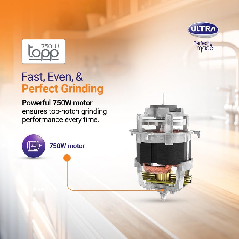 Ultra Ultra Topp Mixer Grinder - Blue | Fast and Heavy-Duty Grinding - 750W Motor with 5 Years Warranty | AISI 304 Food-Grade 3 Stainless Steel Jar - ABS Body, 3 Speed Regular + Pulse - Image 3