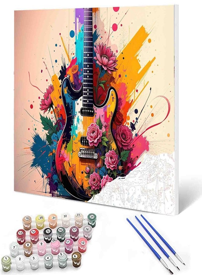 Aihonmin DIY Paint by Numbers,Flowers Guitar,Colorful Canvas Oil Painting Kit for Kids & Adults, 16X20 inches Drawing Paintwork Acrylic Pigment,for Home Living Room Decorative Painting Without Frame - Image 1
