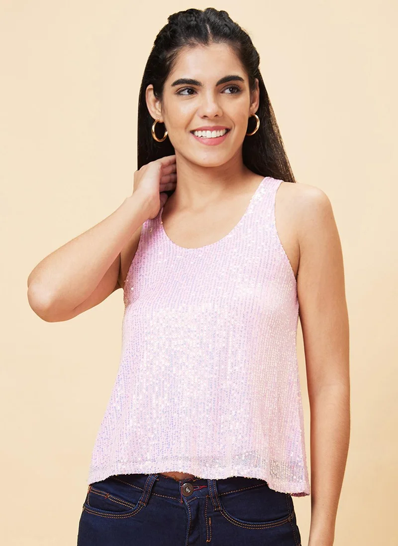 globus Globus Women Pink Embellished Round Neck Sequined Party Top