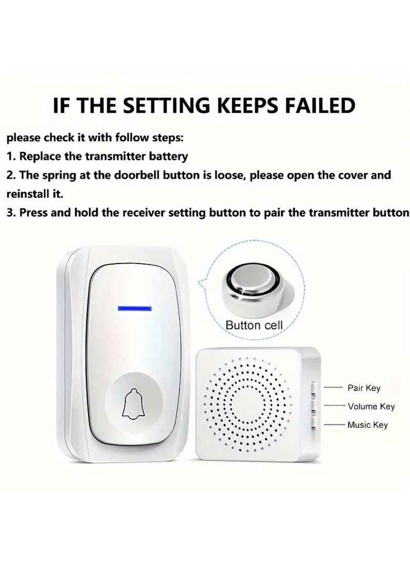 YOUGE Wireless Doorbell,200m Range,Outdoor Waterproof Door Chime with 38 Melodies, 3 Volume Levels, Flashing LED, Battery-Powered House Bell,Battery Operated Expandable Bell for Home Office,-White  - Image 5