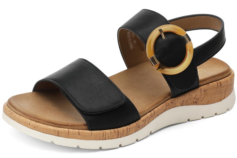 UBFEN Womens Flat Sandals Arch Support Open Toe Walking Comfy Casual Low Wedge Summer Shoes A Black Size US 7 - Image 1