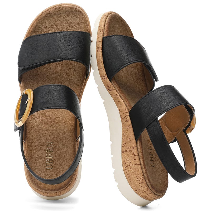 UBFEN Womens Flat Sandals Arch Support Open Toe Walking Comfy Casual Low Wedge Summer Shoes A Black Size US 7 - Image 3
