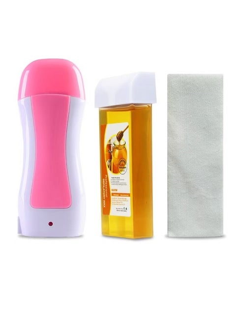 طقم إزالة الشعر، طقم الشمع باللف، جهاز تسخين الشمع لإزالة الشعر في الصالون مجموعة جهاز تسخين الشمع + خرطوشة شمع + ورق إزالة الشعر لإزالة الشعر من الذراع والساق وتحت الإبط والوجه واللحية ومنطقة البيكيني