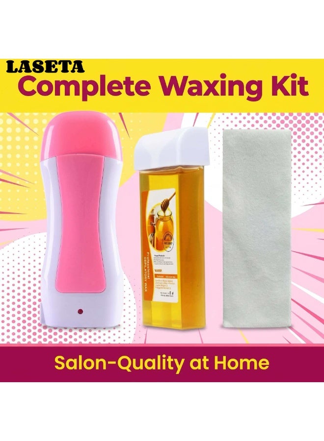 Laseta مجموعة إزالة الشعر بالشمع، جهاز تسخين الشمع بالبكرة للاستخدام المنزلي والصالون، تتضمن سخان الشمع وخرطوشات الشمع وأوراق إزالة الشعر، مناسبة للأذرع والأرجل والإبطين والوجه واللحية ومنطقة البيكيني - Image 1